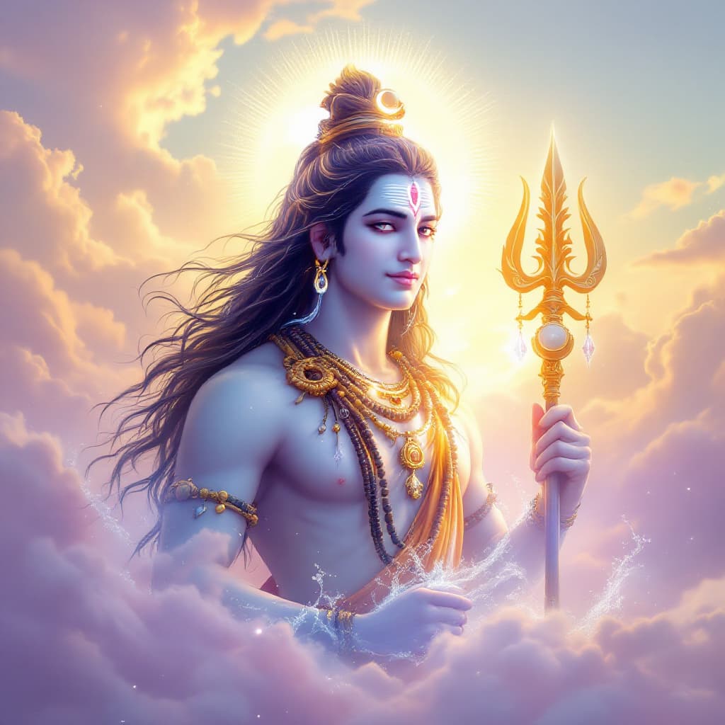AI generated: Lord Shiva with a glowing aura rendered in delicate pastel colors. His figure, set against a tranqui...