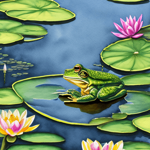 AI generated: A meditating frog sitting cross-legged on a lily pad, surrounded by vibrant water lilies and delicat...