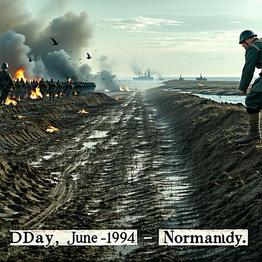 AI generated: Create a dynamic, cinematic landscape image of D-Day. Bottom-centered text that reads: "June 6, 1944...