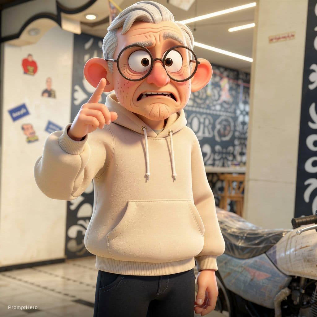 AI generated: Expressive caricature in pixar style unreal charming seemingly mischievous irritated very old man wi...