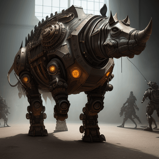 AI generated: Photo of a steampunk robotic walking rhino, high quality, trending art, trending in art station, sha...