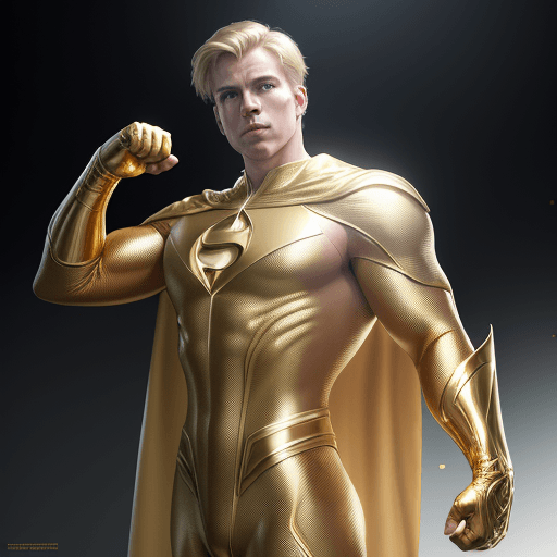 AI generated: male super hero named champion, short blond hair, no symbol, skin tight gold suit, gold cape, gold g...