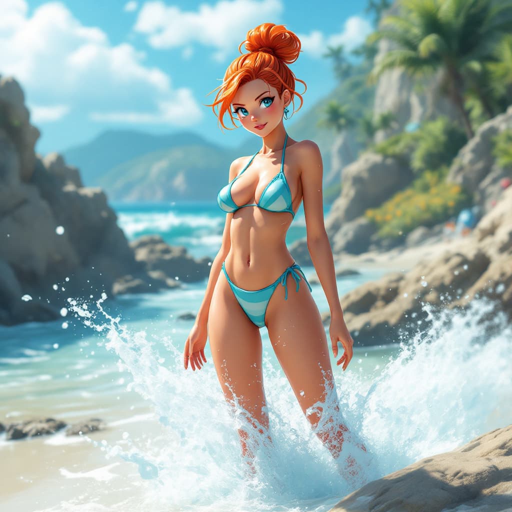 AI generated: Misty de Pokémon en la playa con traje de baño  