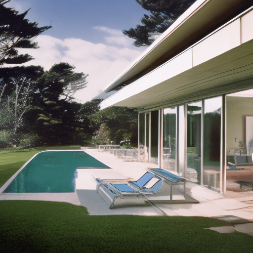 AI generated: Hyper realistic eye level exterior photo of a mid century modern style house overlooking the ocean, ...