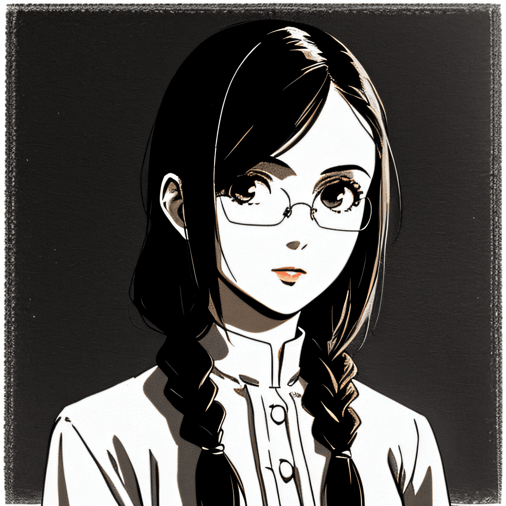 AI generated: a girl, rounded glasses, (((middle widow's peak))), black haired, long straight hair,((hair bands)),...