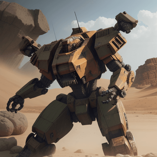 AI generated: mechwarrior battle have back knee ,electronics,same t-rex ,in desert with rocks and stones,machinegu...