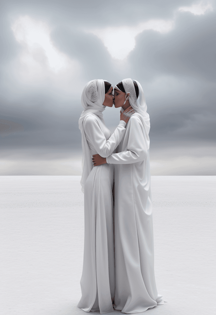 AI generated: two people with white veils completely covering their heads, exchanging a kiss, are dressed in white...