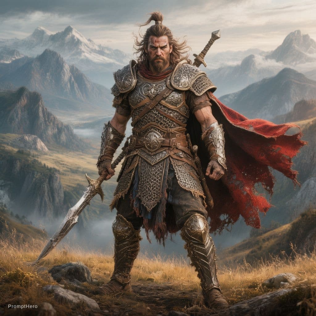 AI generated: poster of warrior | standing on hill |centered| key visual| intricate| highly detailed| breathtaking...