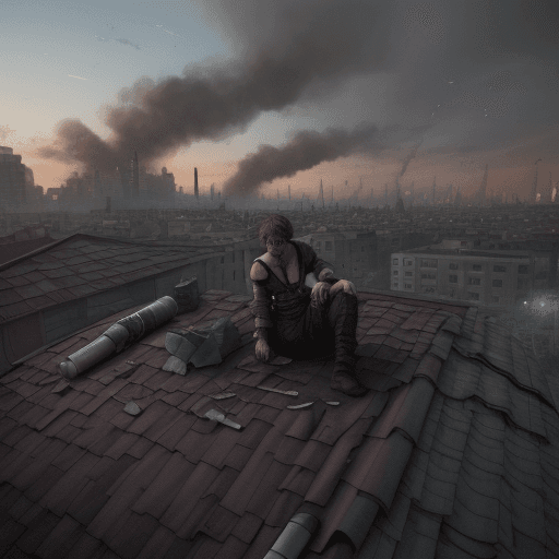 AI generated: someone takes medicine on a roof and in the background is a destroyed world, there also a party goin...