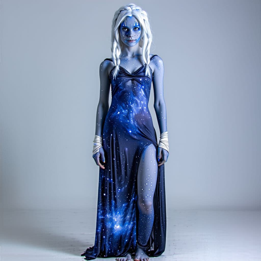 AI generated: Full body image, 20 year old with Grey skin and white freckles like stars, dark dark blue eyes like ...