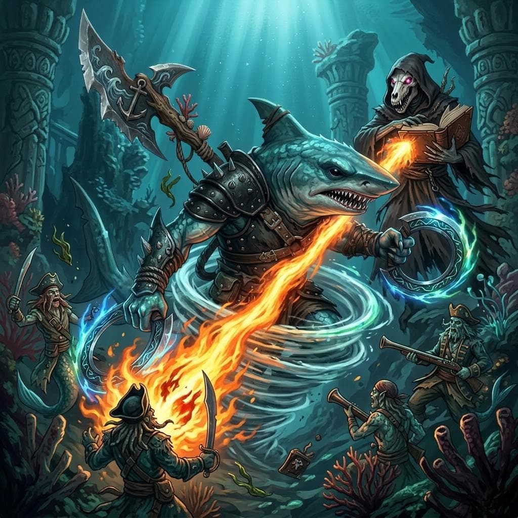 AI generated: a tall thin animal skulled man wearing a hooded robe and holding a tome blasts fire into two magical...