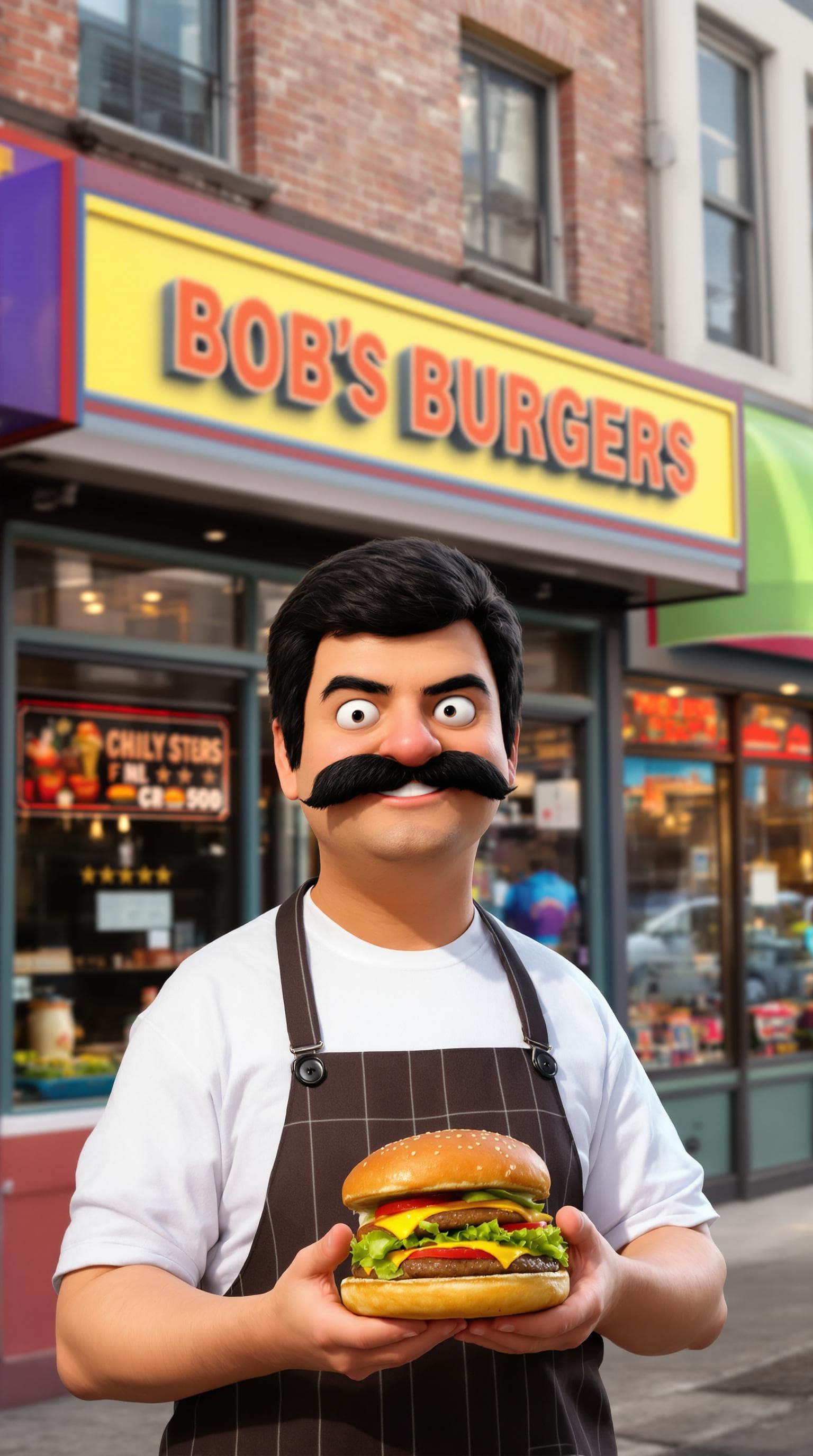 AI generated: A hyper-realistic portrayal of Bob Belcher from Bob's Burgers; a hardworking man with a black mustac...