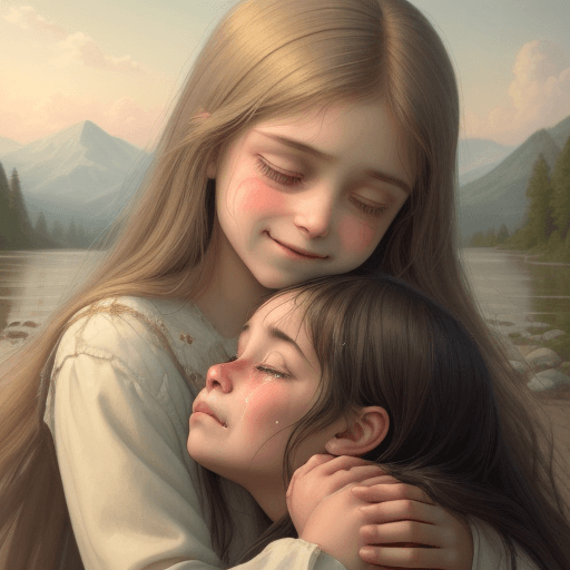 AI generated: "Lord Jesus is embracing a young girl who appears sad and is crying. The face of the Lord Jesus show...