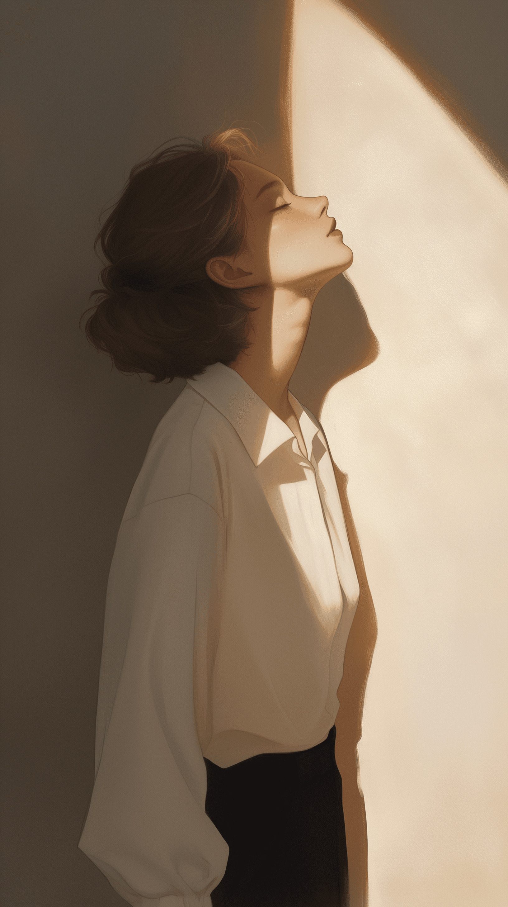 AI generated: animate a woman in a minimalist scene, standing with her head tilted back, bathing in a shaft of lig...
