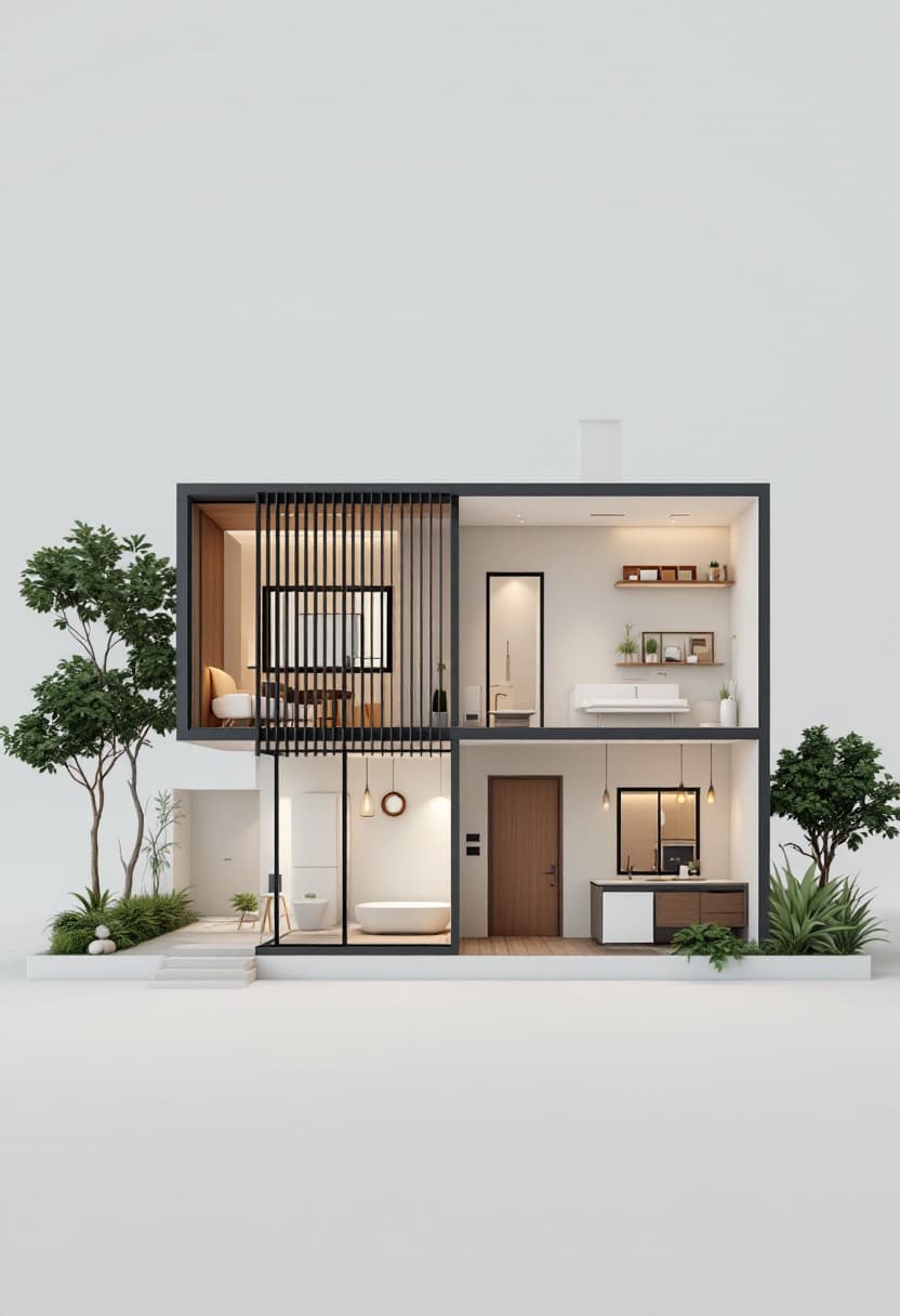AI generated: Generate a modern and minimalist 3D-rendered cross-section of a house, displayed in a front-facing v...