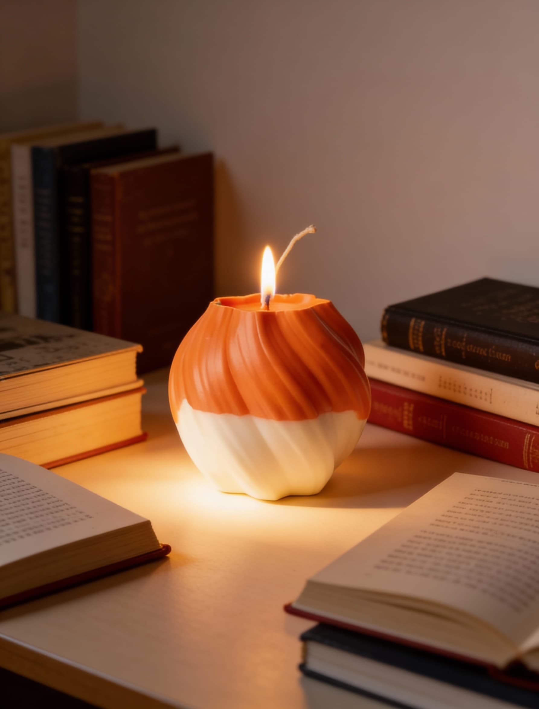 AI generated: On a study table, the candle in the picture sits alongside some other books to illuminate the space