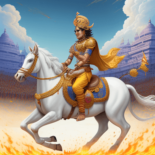 AI generated: Create a highly detailed and vibrant illustration of the battlefield of Kurukshetra. In the foregrou...