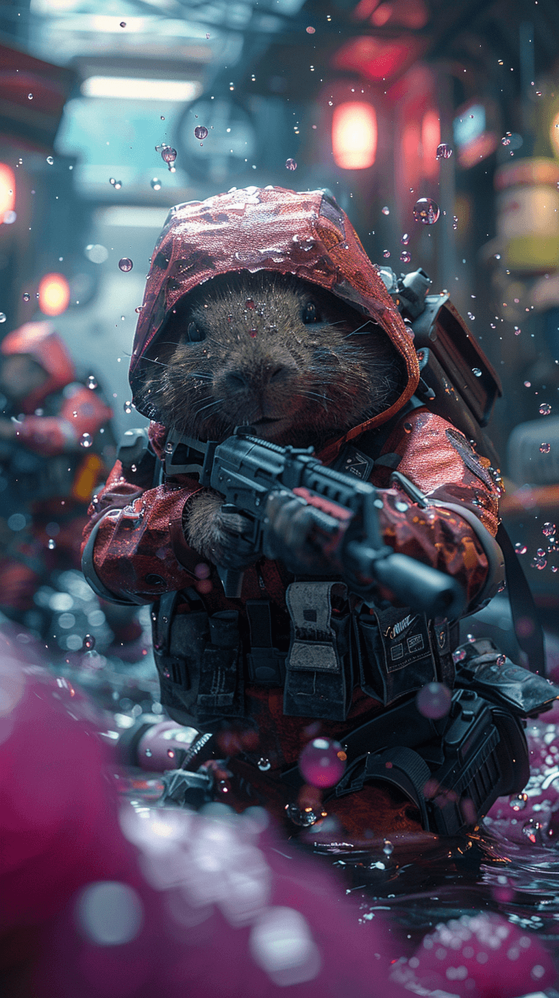 AI generated: capybara's army, armed with AK-47, with Nike sneakers on their feet, fighting a giant slime, purple ...