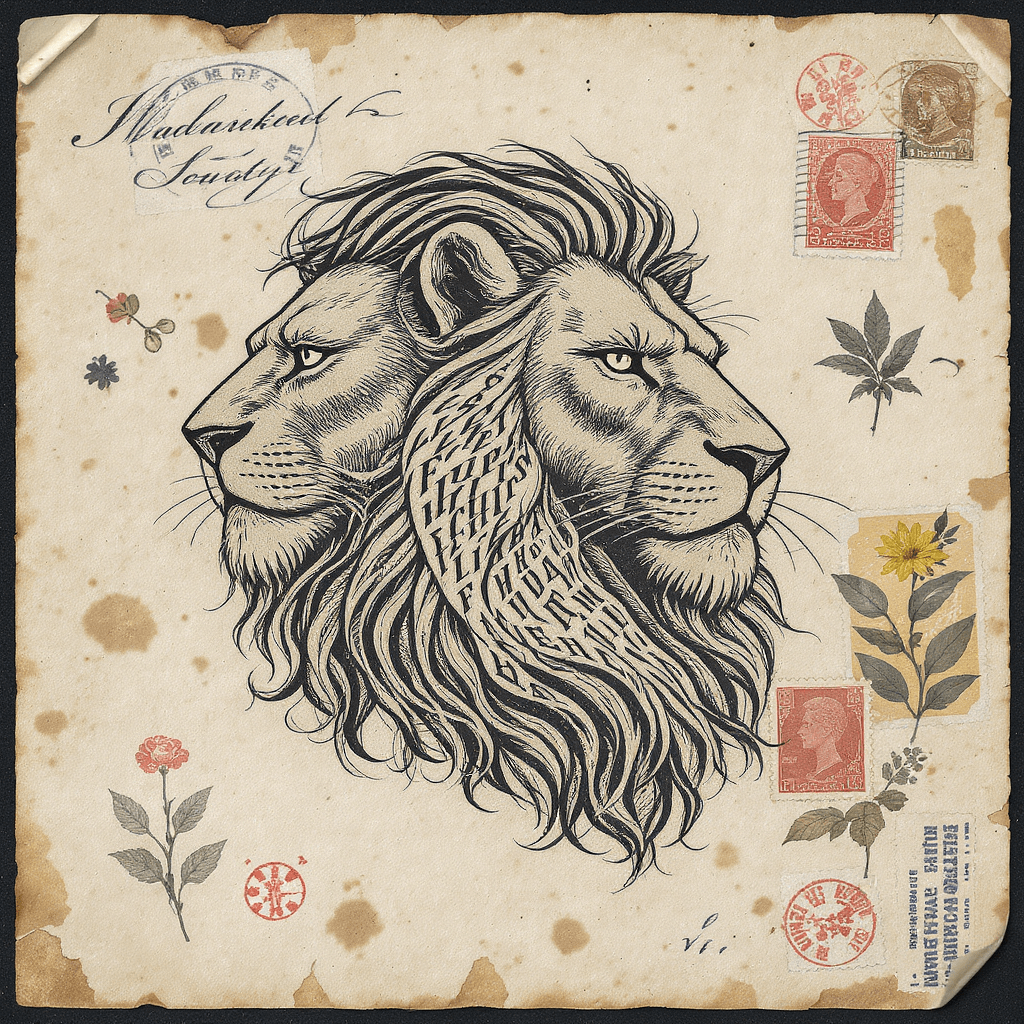 AI generated: A lion made from swirling antique fonts and bold ink strokes, layered with old letterpress scraps, v...
