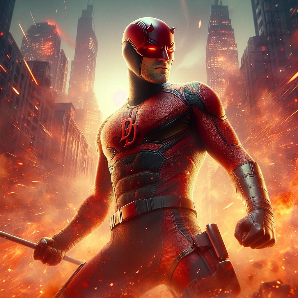 AI generated: Daredevil of Marvel, vista completa, pose épica, 8K, masterpiece, octane render, ray-tracing