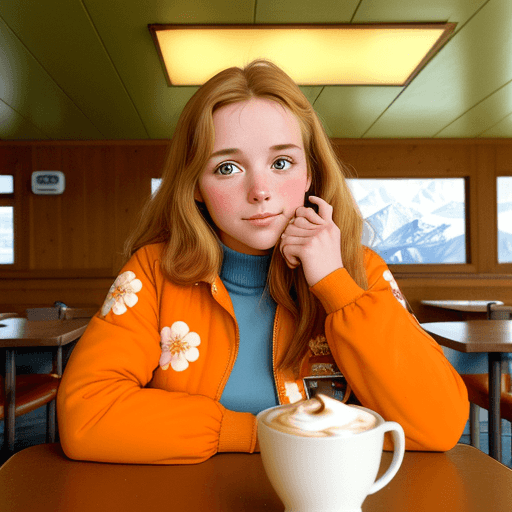 AI generated: A beautiful Dutch girl girl in a 70’s mountain top diner. A slice of hot pie 🥧 with cream and a cof...