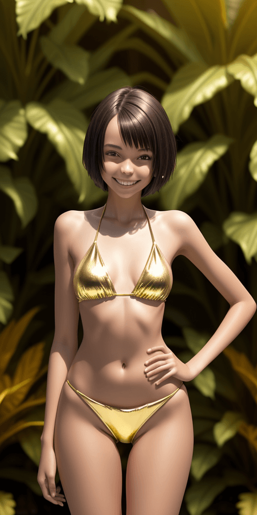 AI generated: Slim 8th grade girl wearing a shiny gold bikini. Girl stand in front of some plants. The girl has da...