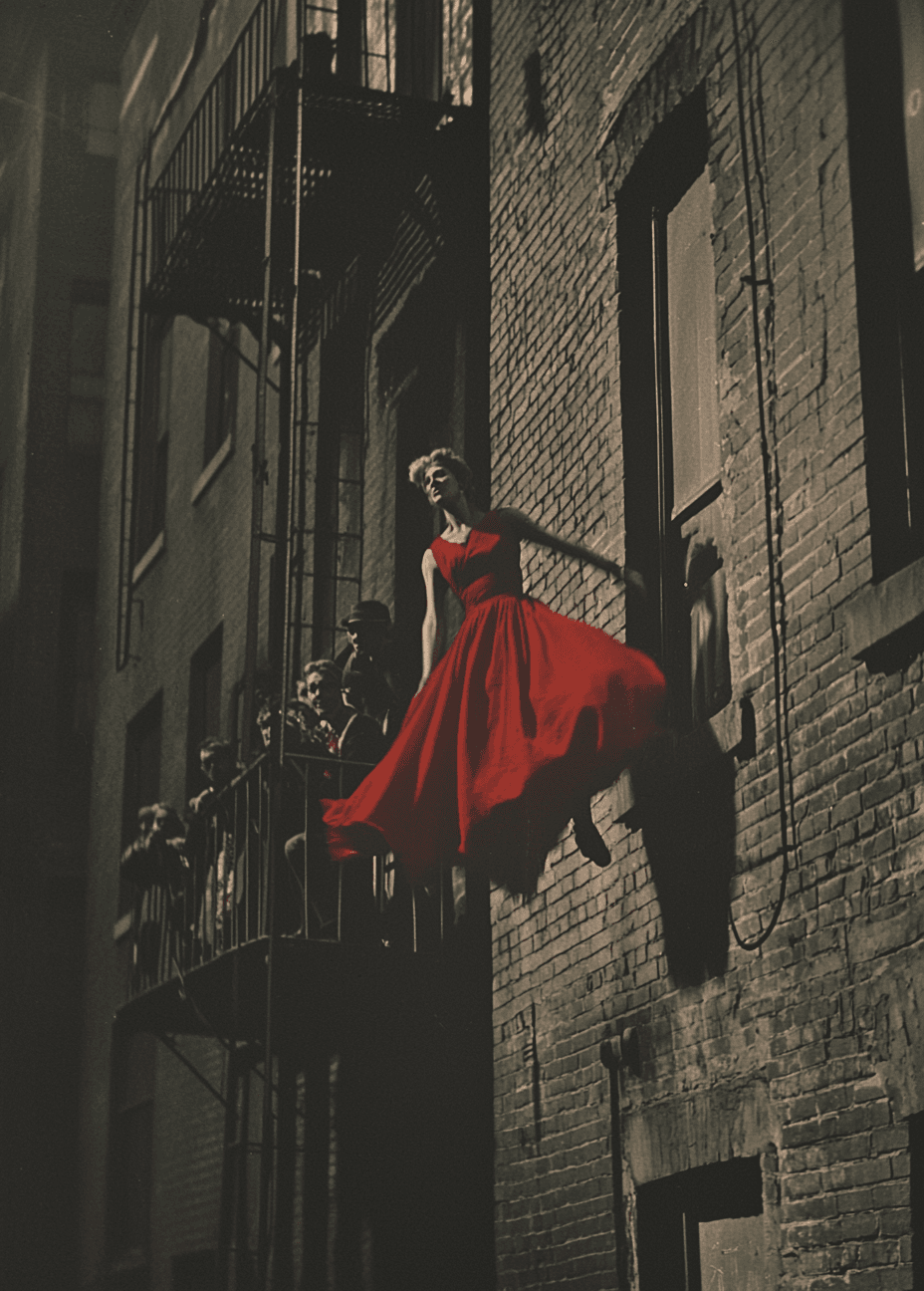 AI generated: a woman in red dress falling backwards out of an apartment window, view from street level, 1940s era...