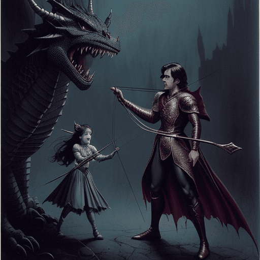 AI generated: A prince holding his bow and arrow protecting his beloved princess, a cruel and evil dragon is attac...