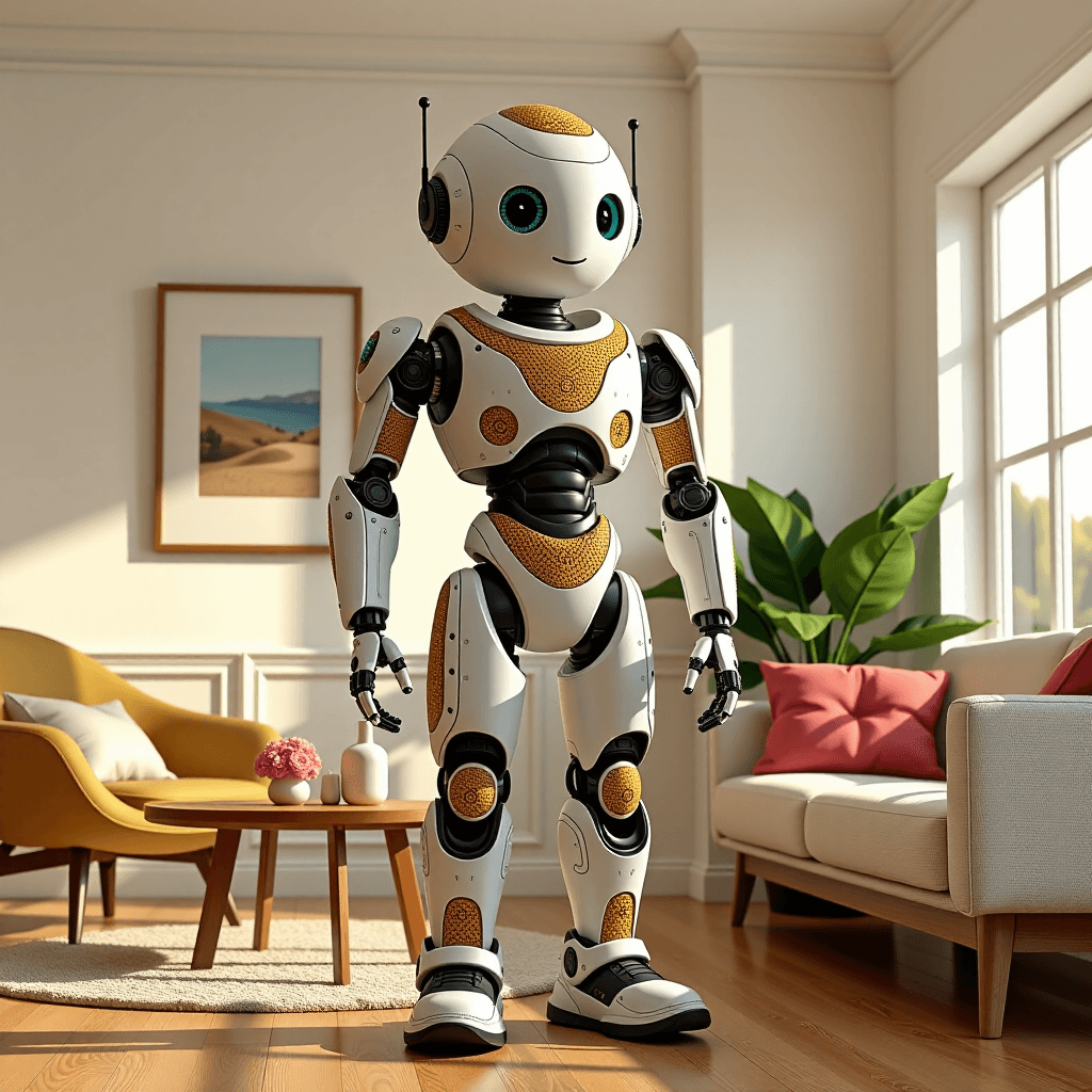 AI generated: Masterpiece, highly detailed, character concept art. A chic and friendly humanoid android companion ...