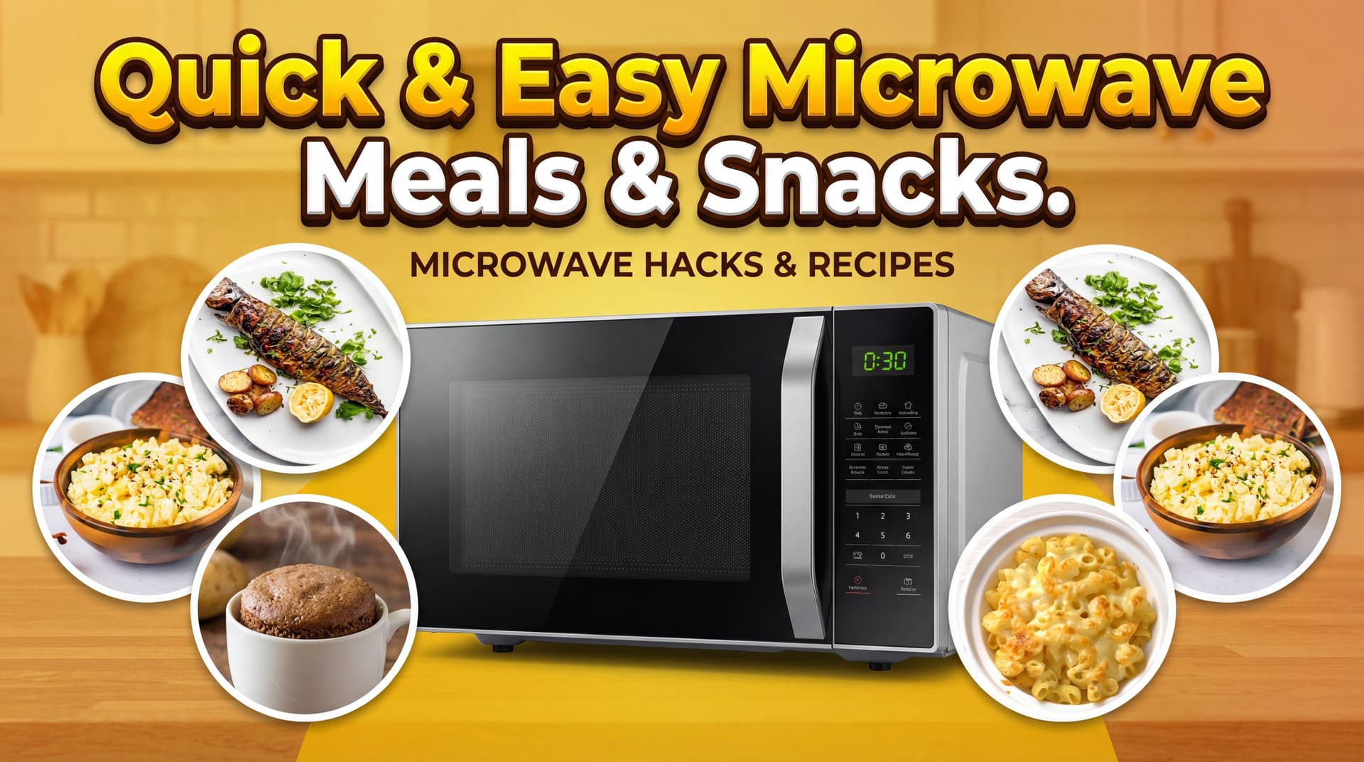 AI generated: Make a You Tube Thumbnail Showing a microwave and pop up foods in circle that show around it. Displa...