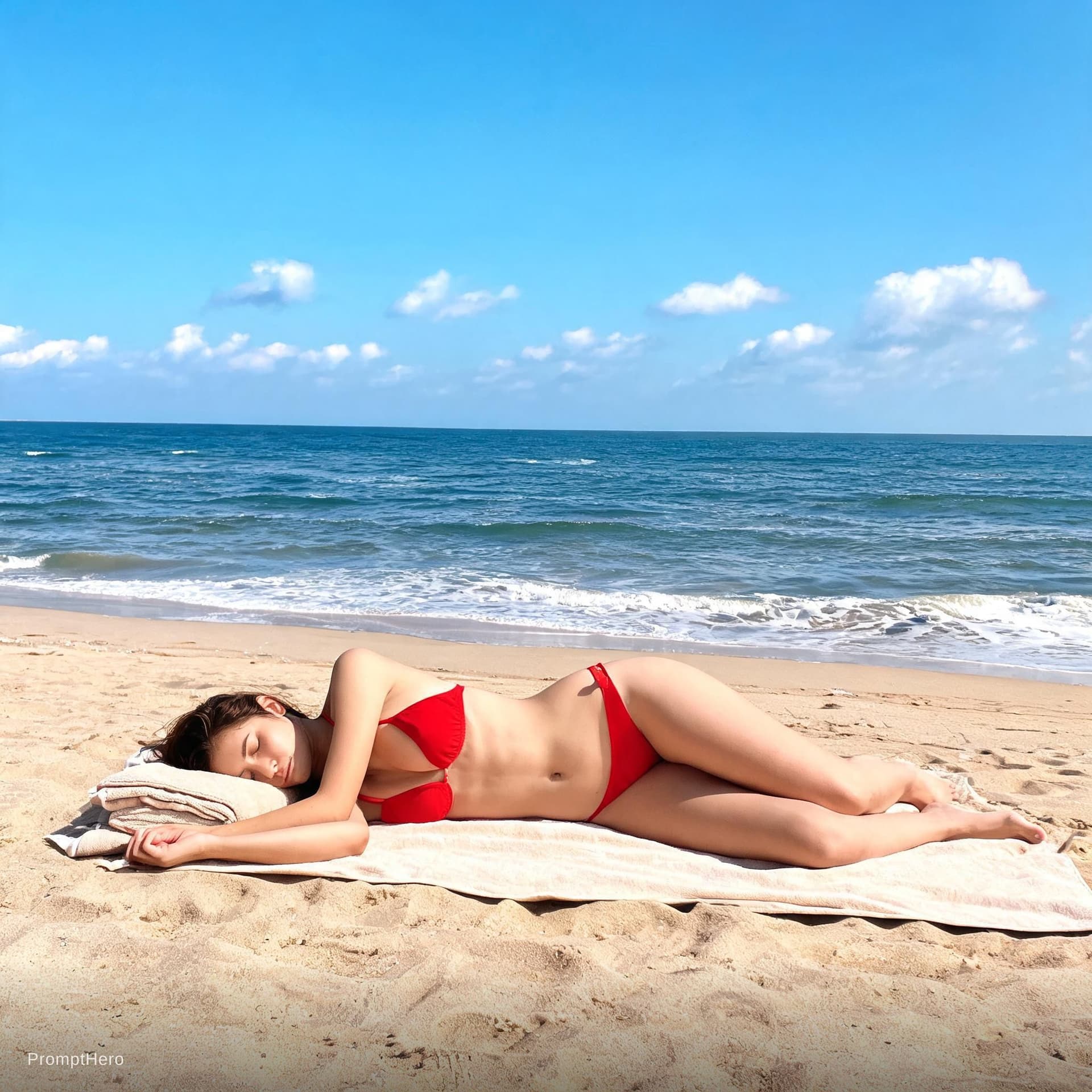 AI generated: Sleeping in beach wearing red bikini 