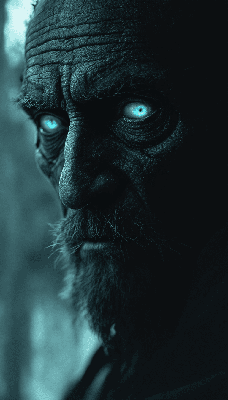 AI generated: a detailed uhd portrait of a muted Indian middle aged ghostly male with chilling blue eyes and cleft...