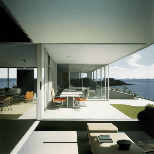 AI generated: Hyper realistic eye level exterior photo of a mid century modern style house overlooking the ocean, ...