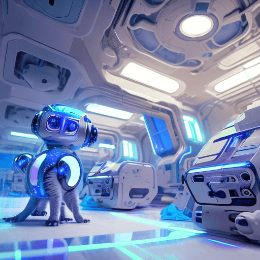 AI generated: A futuristic AI lab team of students working with a cute small robotic bobcat with colorful paws, sc...