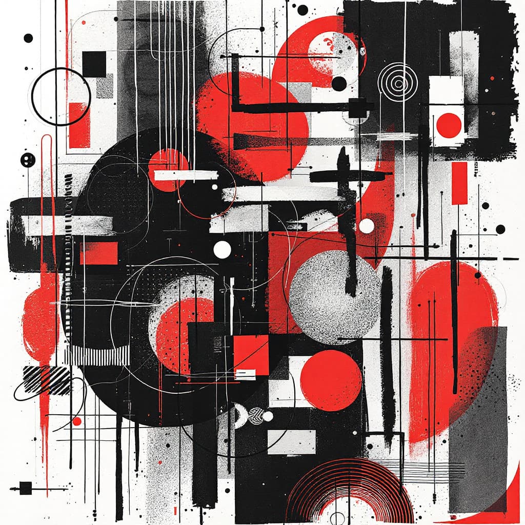 AI generated: A collage of various abstract shapes and lines, with red accents, on white paper, composition includ...
