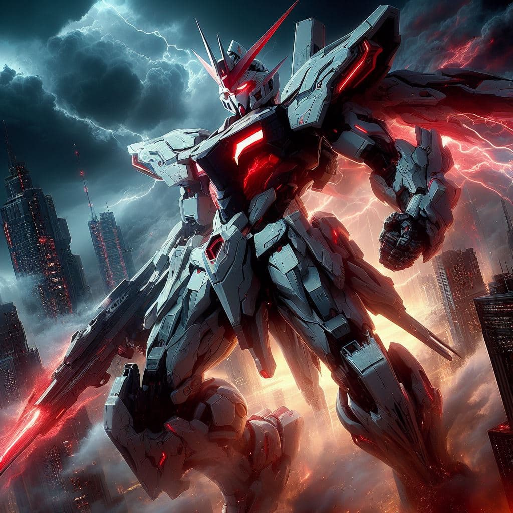 AI generated: high ground angle shot, stormy skyscrappers on low ground, a angry screaming Gundam heavily armed, f...