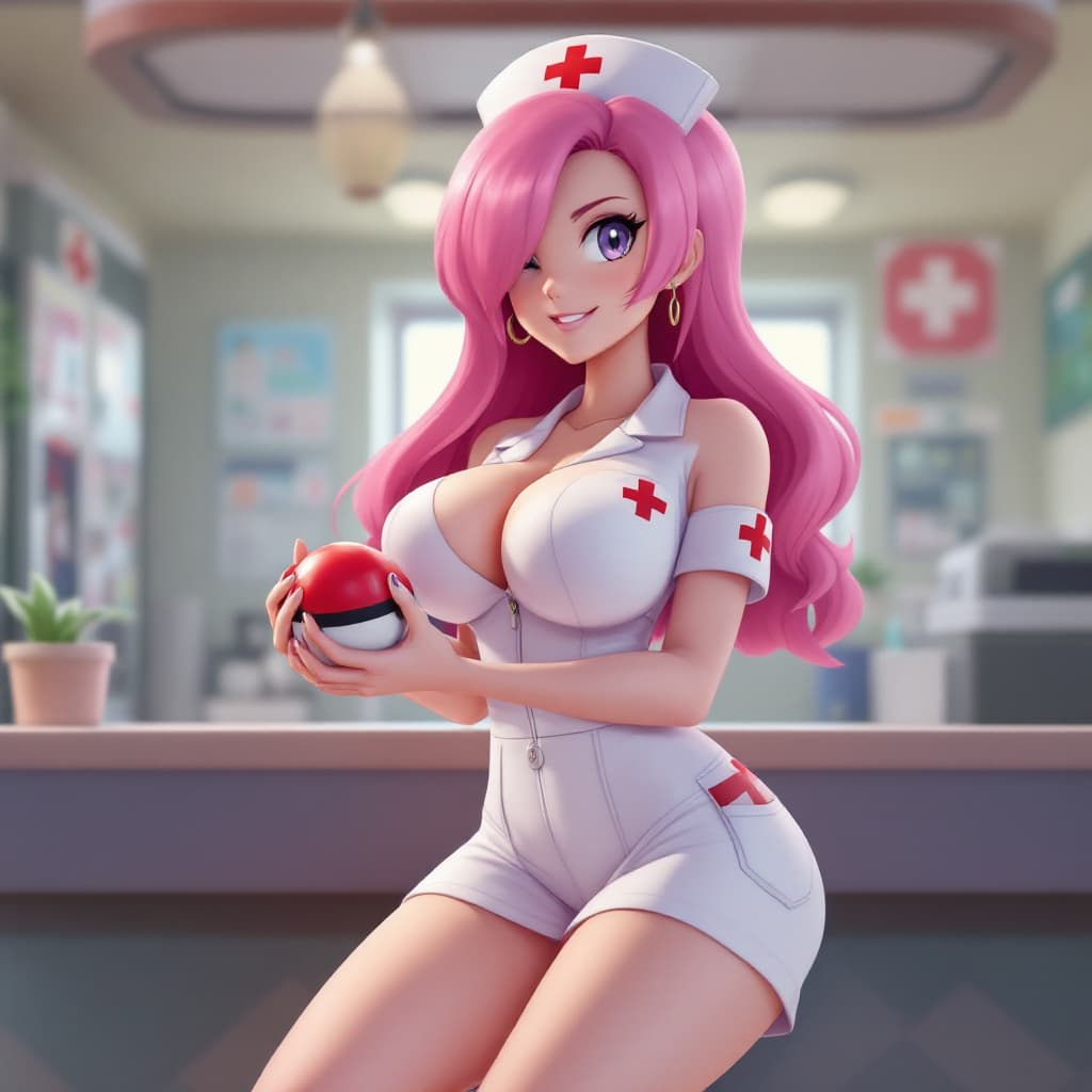 AI generated: 3d anime of nurse joy from pokemon. Very voluptuous. inside a poke center. Wearing a nurse outfit th...