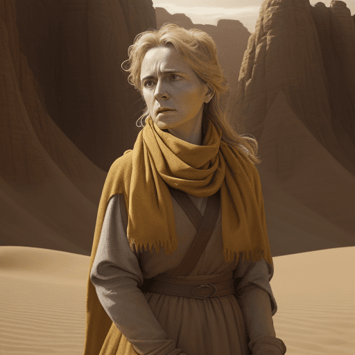 AI generated: a woman wearing a yellow scarf, in the style of biblical drama, light brown and amber, desertwave, a...