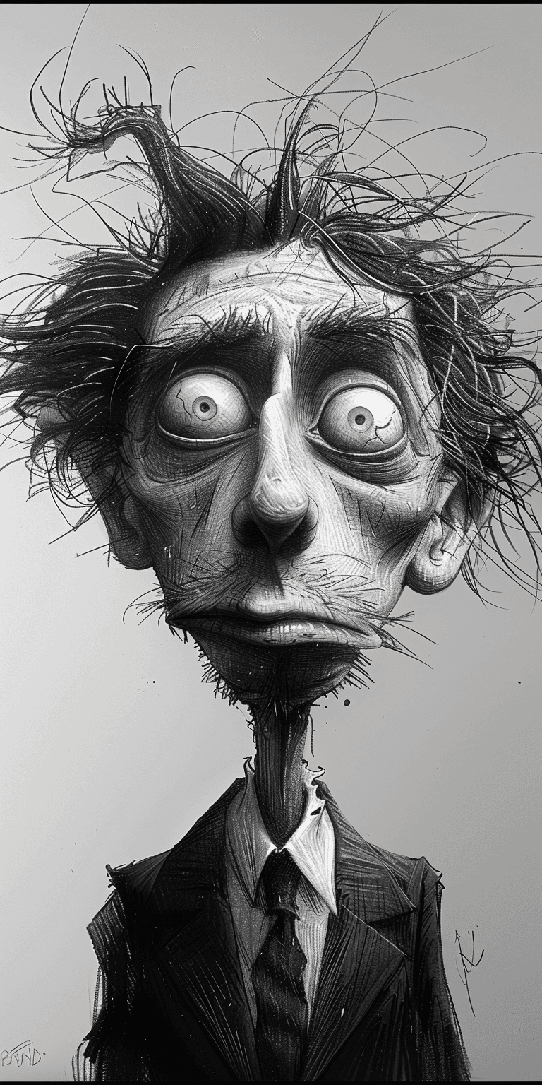 AI generated: A rough pencil sketch of a cartoon character man in a suit with spiky hair and crazy eyes, in the st...