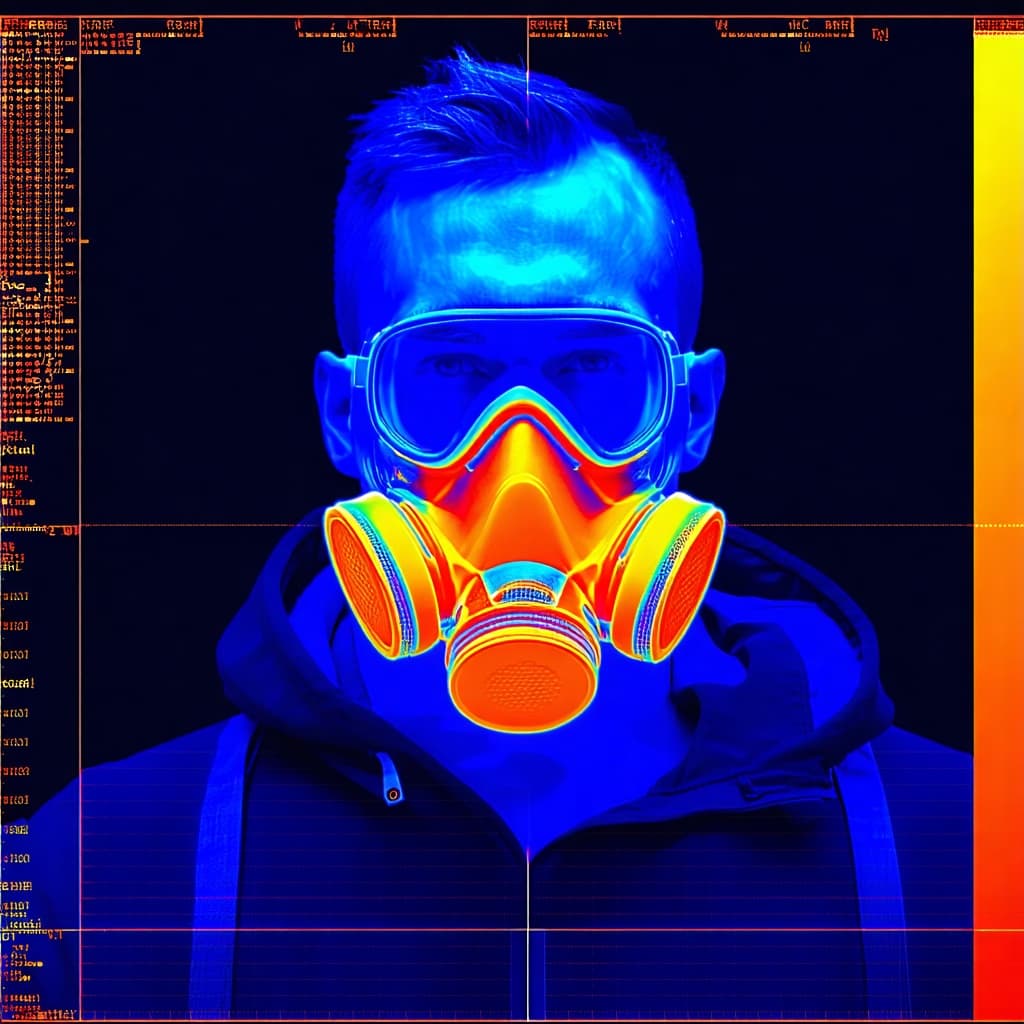 AI generated: A thermal image scan of a man with gas mask, depicted in intense orange and electric blue heat gradi...