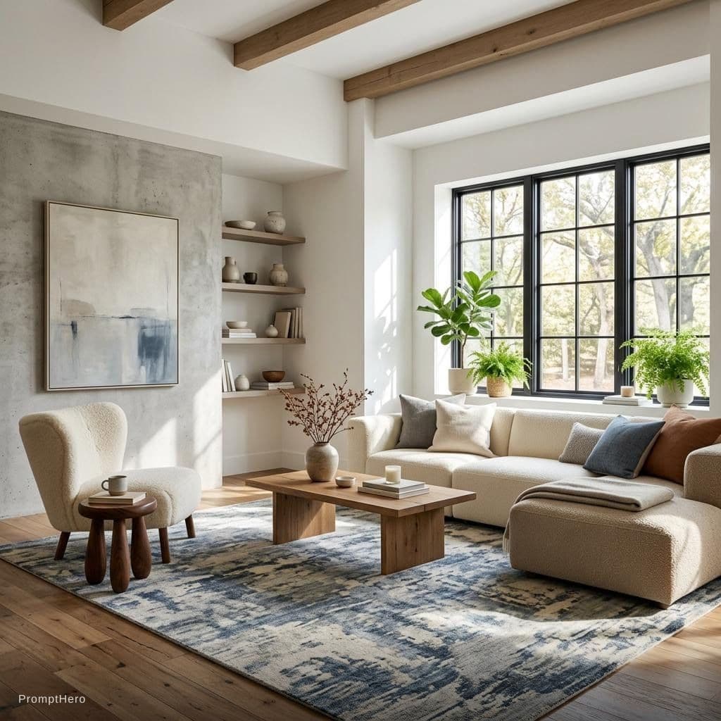 AI generated: A wide-angle interior photograph of a minimalist, sunlit living room with rustic elements. On the ri...