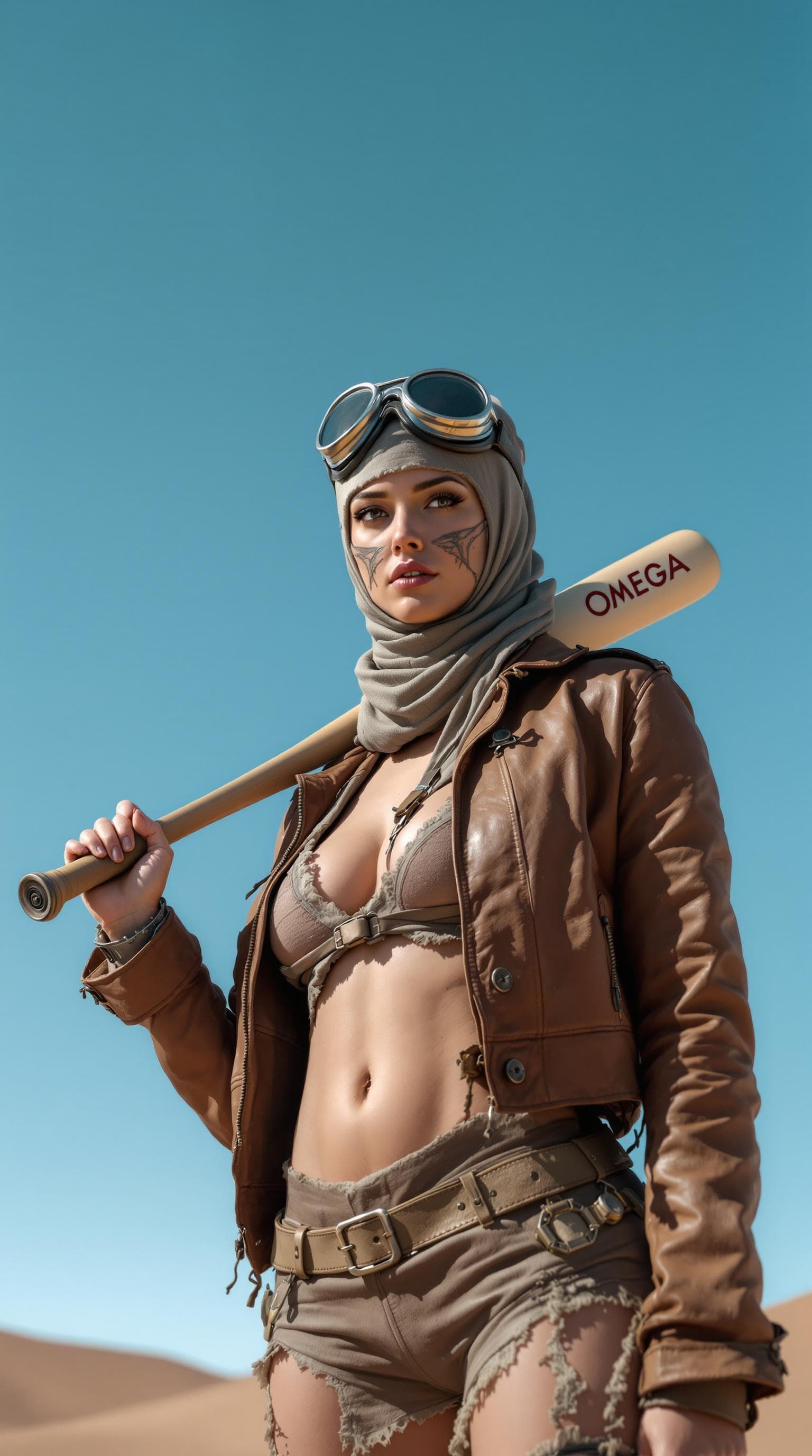 AI generated: The image features a rugged individual standing confidently against a clear blue sky. They are weari...