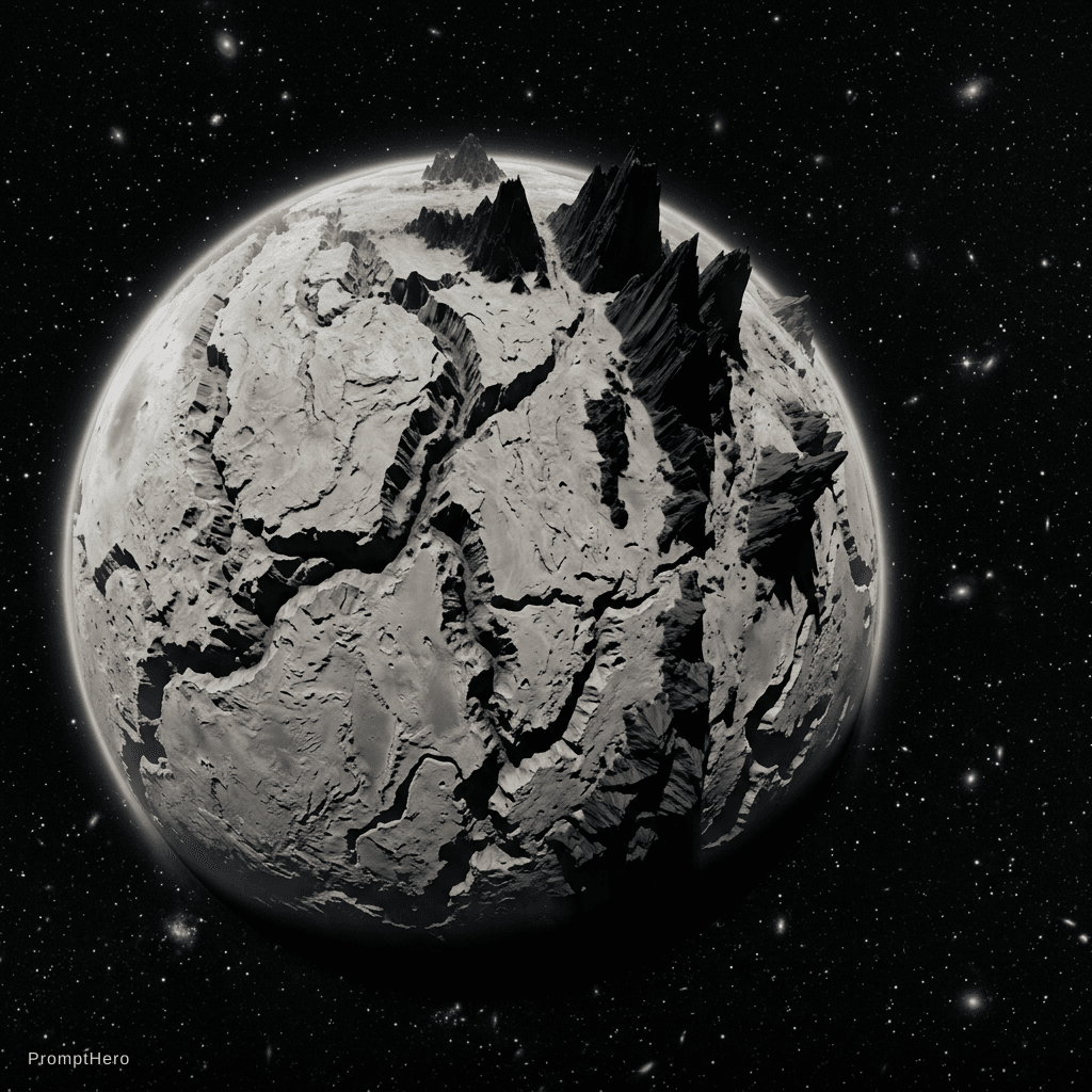 AI generated: a light grey planet with lots of deep canyons and extremely tall black mountains floating in the dar...