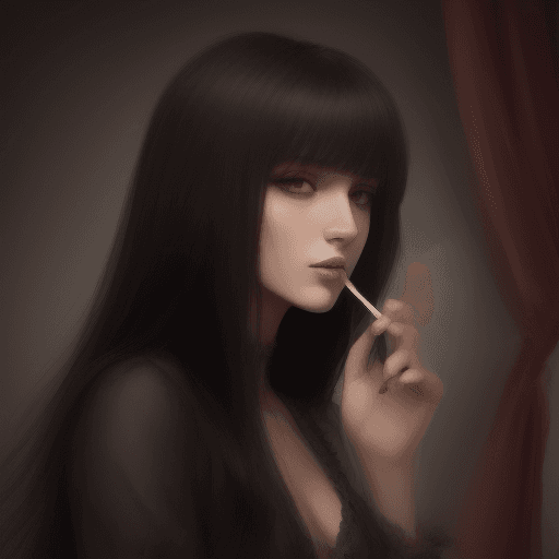 AI generated: Valorant Woman with long black hair with curtain bangs and brown eyes smokes a cigarette, Valorant A...