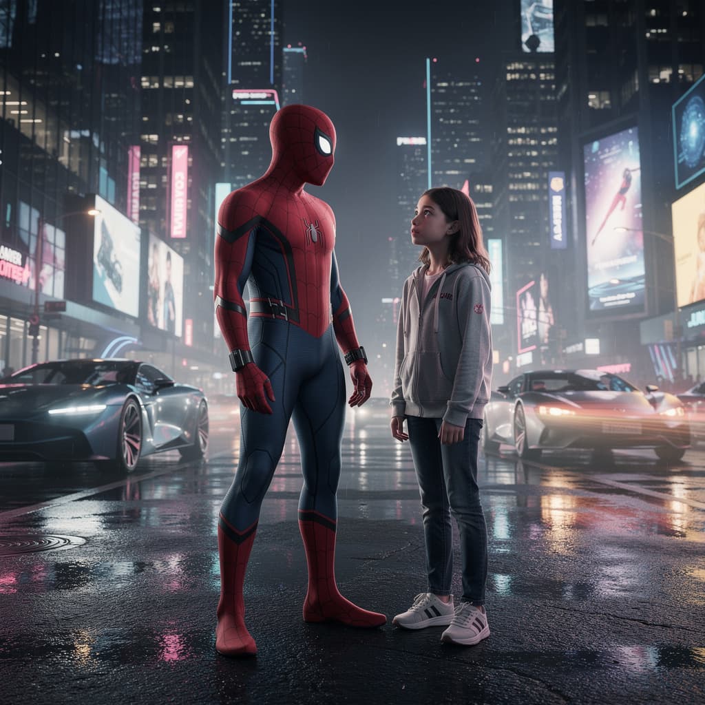 AI generated: Spiderman standing 
next to a girl through the streets of a night metropolis of a modern metropolis....