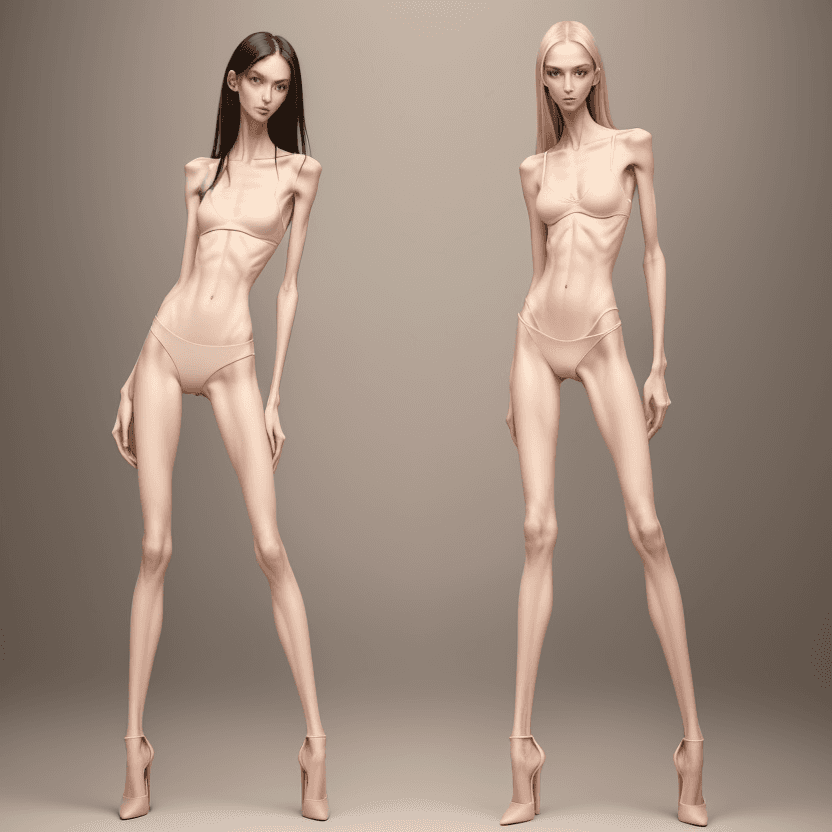 AI generated: photo of two an extremely skinny, flat-chested model with extreme long and skinny legs with extreme ...