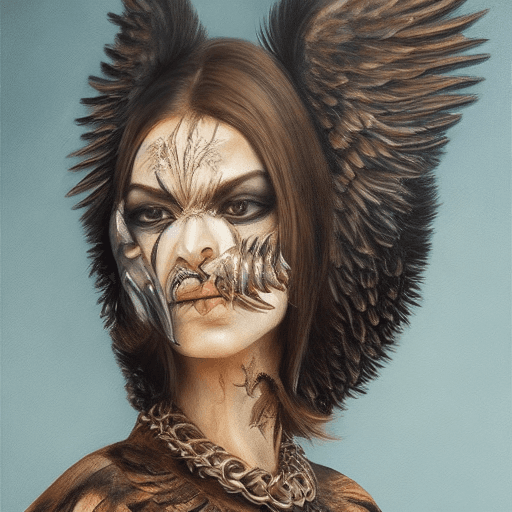 AI generated: realistic painting, women with vulture wings, grim face, claw feet, wearing wide clothes