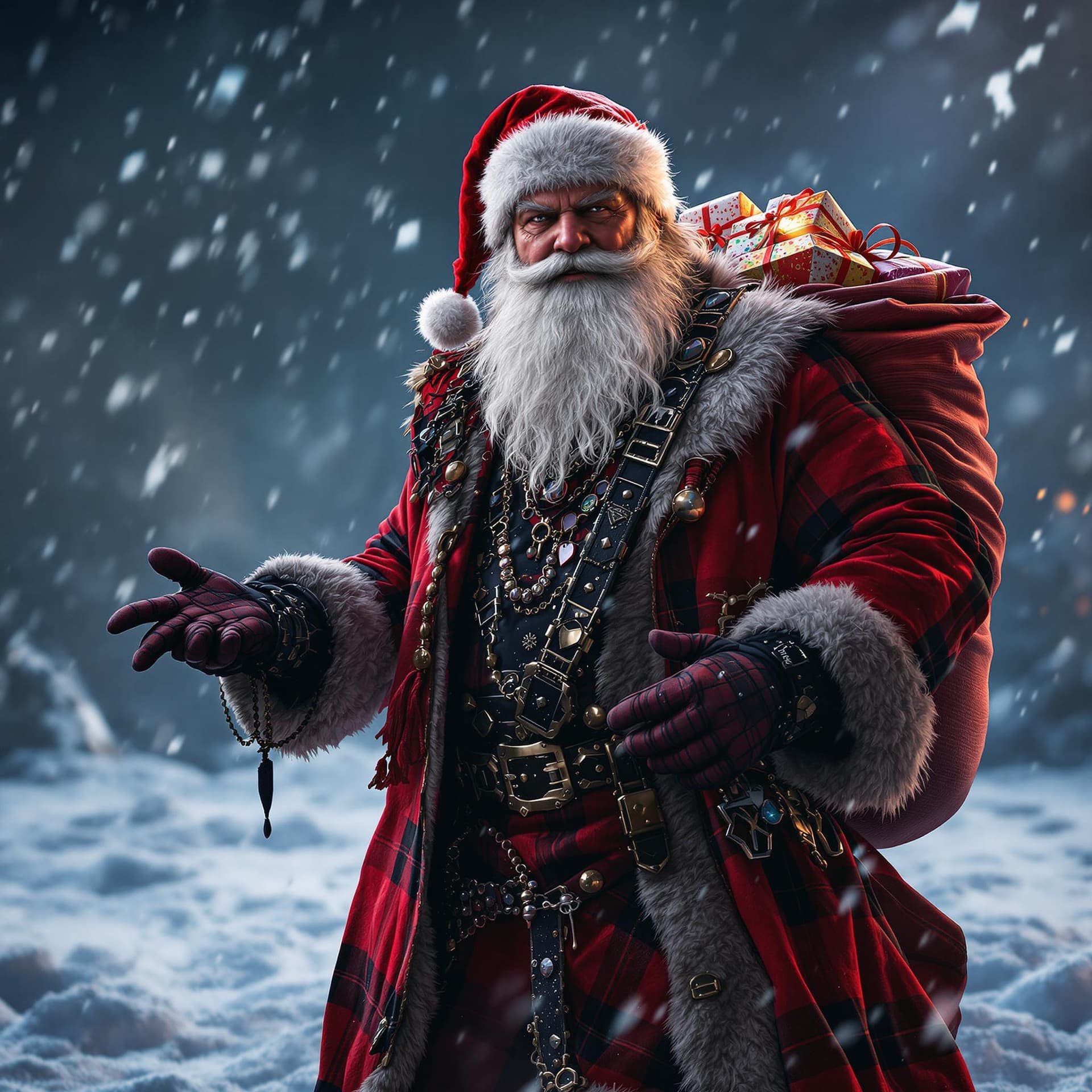 AI generated: Santa Claus in rocker clothes and with rock paraphernalia, Standing and posing with a a large bag of...