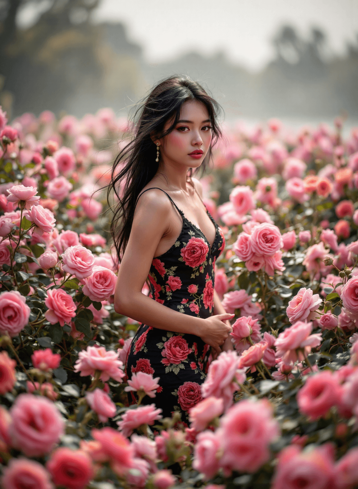 AI generated: The image depicts a striking and artistic scene featuring a pretty Polynesian woman standing amidst ...