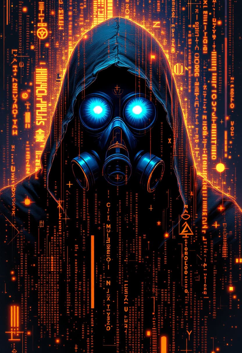 AI generated: Design a ghostly cyber-hacker with a hood and a gas mask, just two piercing neon eyes and a distorte...